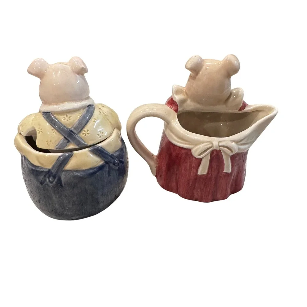 Edith Otagiri Collection Pig Farmer Creamer Sugar‎ Bowl Ceramic Male has chips